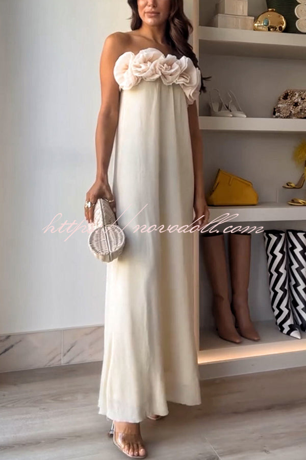 Blooming Chic Flower Applique Elastic Off Shoulder Strapless Maxi Dress