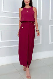 Office Lady Sleeveless Crewneck Top and Metal Button Pocket Slit Midi Skirt Set
