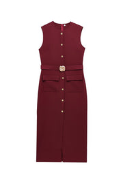 Danina Button Up Sleeveless Metal Belted Pocket Stretch Midi Dress