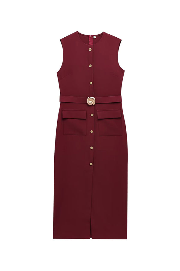 Danina Button Up Sleeveless Metal Belted Pocket Stretch Midi Dress