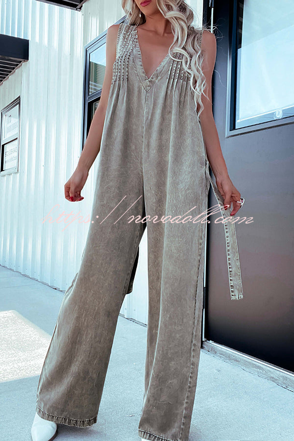 Solid Color Sexy V-neck Open Back Pleated Loose Denim Jumpsuit