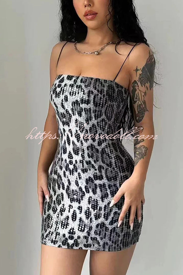 Leopard Print Sequin Sexy Sling Slim Fit Mini Dress