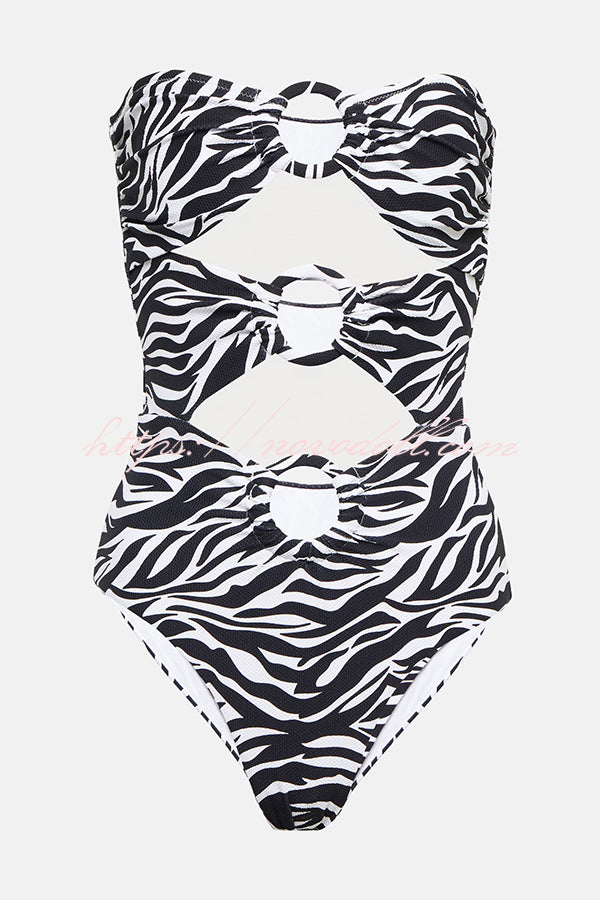 Marsie Zebra-print Ring Cutout Details Off Shoulder Stretch One-Piece Swimsuit
