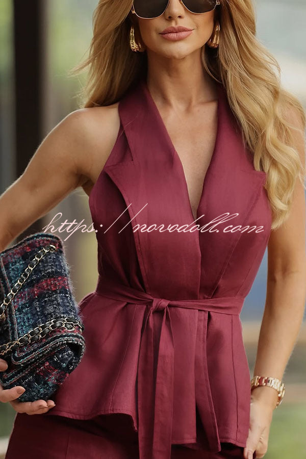 Zoella Linen Blend Tie-up Halter Lapel Vest and Elastic Waist Pocketed Loose Pants Set