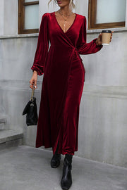 Velvet Long-sleeve V-neck Tie-waist Slit Maxi Dress