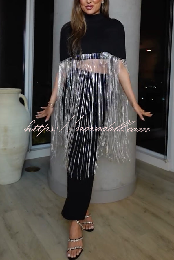 New Level Shiny Tassel Stand Neck Crop Cape Blouse