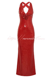 Sicilian Rose Sequin Three-dimensional Floral Sexy Backless Maxi Dress