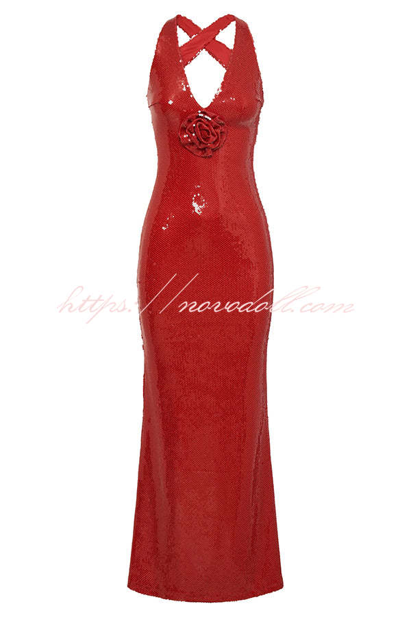 Sicilian Rose Sequin Three-dimensional Floral Sexy Backless Maxi Dress