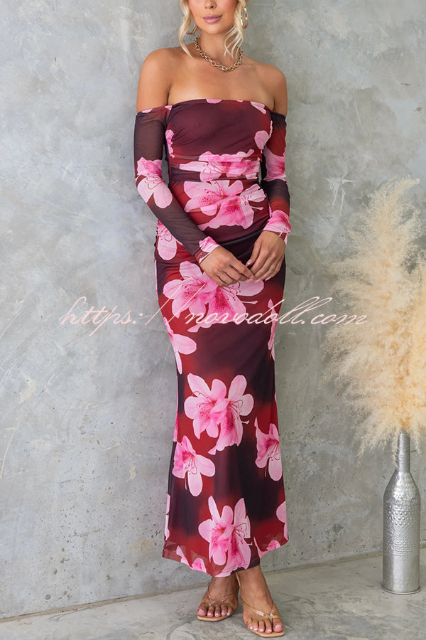 Floral Fantasy Mesh Off Shoulder Long Sleeve Stretch Maxi Dress