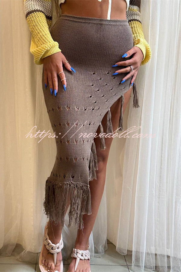 Solid Color Elastic Waist Hollow Tassel Beach Knitted Midi Skirt