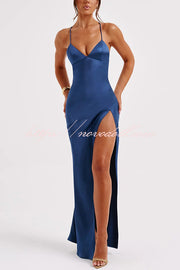 Satin Solid Color Sexy Backless Lace Up High Slit Maxi Dress