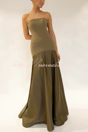 Timeless Elegance Satin Patchwork Strapless Flare Gown Maxi Dress