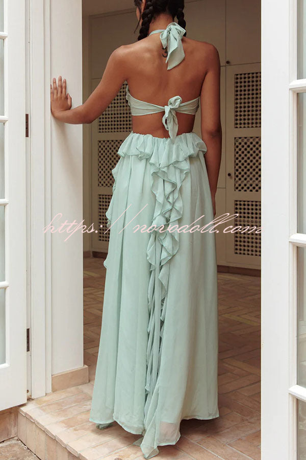 Gorgeous Vacation Halter Rose Detail Cut Out Ruffles Backless Maxi Dress
