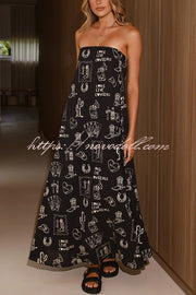 Unique Print Strapless Open Back Full Hem Maxi Dress