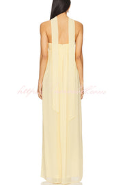 Butter Yellow Ruched Bust Off Shoulder Scarf A-line Maxi Dress