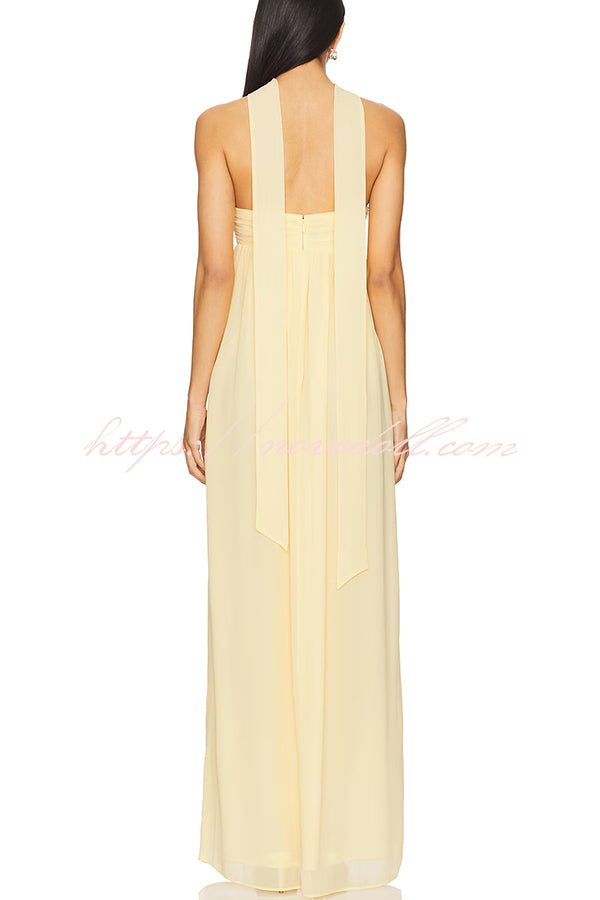 Butter Yellow Ruched Bust Off Shoulder Scarf A-line Maxi Dress