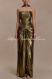 Clemence Plisse Metallic Fabric Reverse Halter Beck Strap Drape Slit Maxi Dress