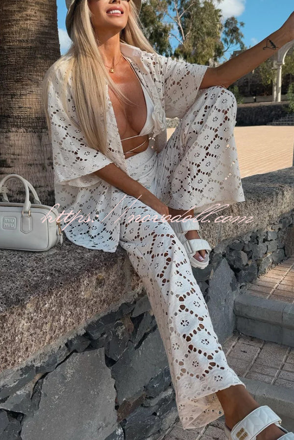 Holiday Crochet Flowers Lace Short Sleeve Shirt and Elastic Waist Wide Leg Pants Set