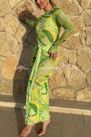 Nessie Mesh Unique Print Tie-up Waist Long Sleeve Stretch See-Through Maxi Dress