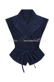 Charley Denim Button Up Cap Short Sleeve Structured Tie-up Lapel Top