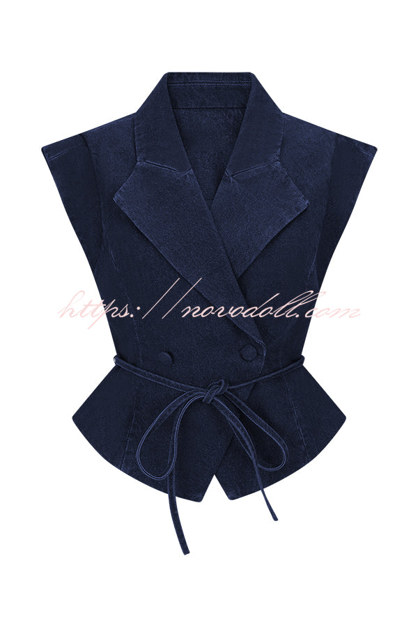 Charley Denim Button Up Cap Short Sleeve Structured Tie-up Lapel Top