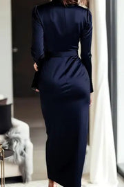 Solid Color Satin V-neck Long Sleeve Waist Tie Slim Midi Dress