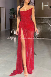 Lysette Sequin Pleated Design Irregular Off-shoulder Slit Drape Gown Maxi Dress