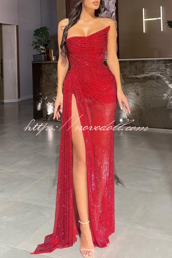 Lysette Sequin Pleated Design Irregular Off-shoulder Slit Drape Gown Maxi Dress