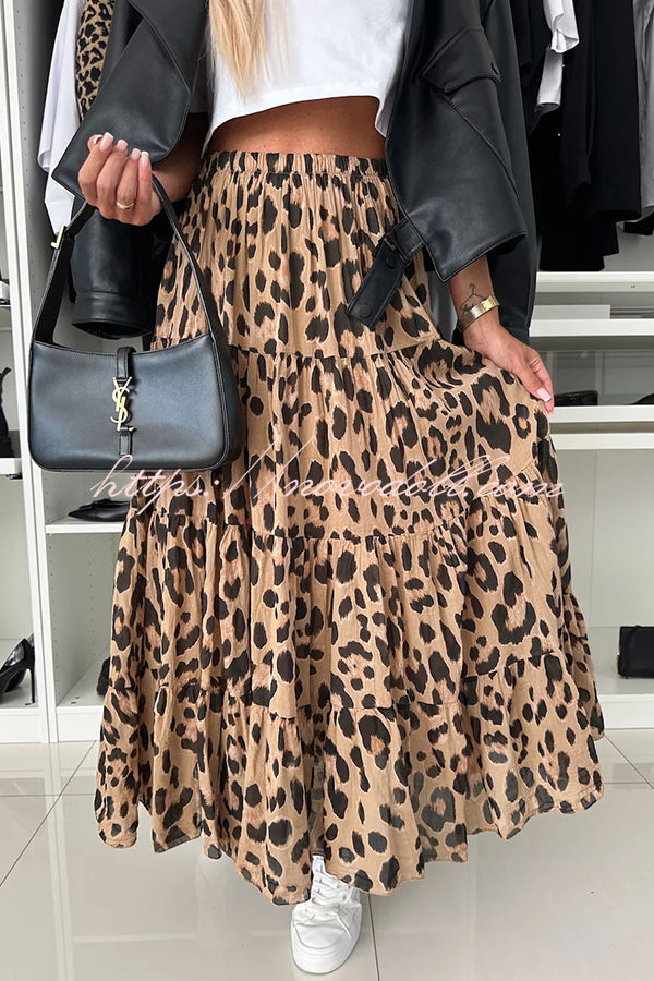 Unique and Comfortable Leopard Print Elastic Waist A-line Layered Maxi Skirt