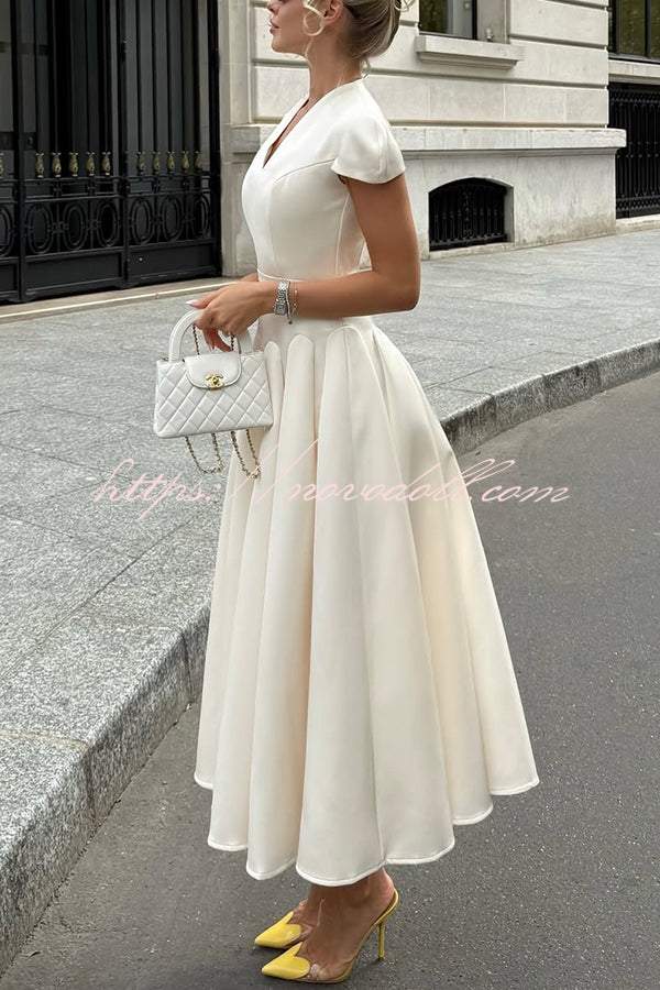 Solid Color V-neck Waist Elegant Full Hem Maxi Dress