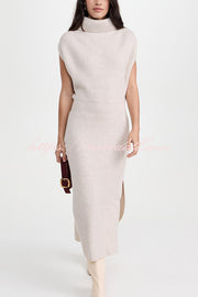 Solid Color Sleeveless Knitted Elegant Waist Midi Dress