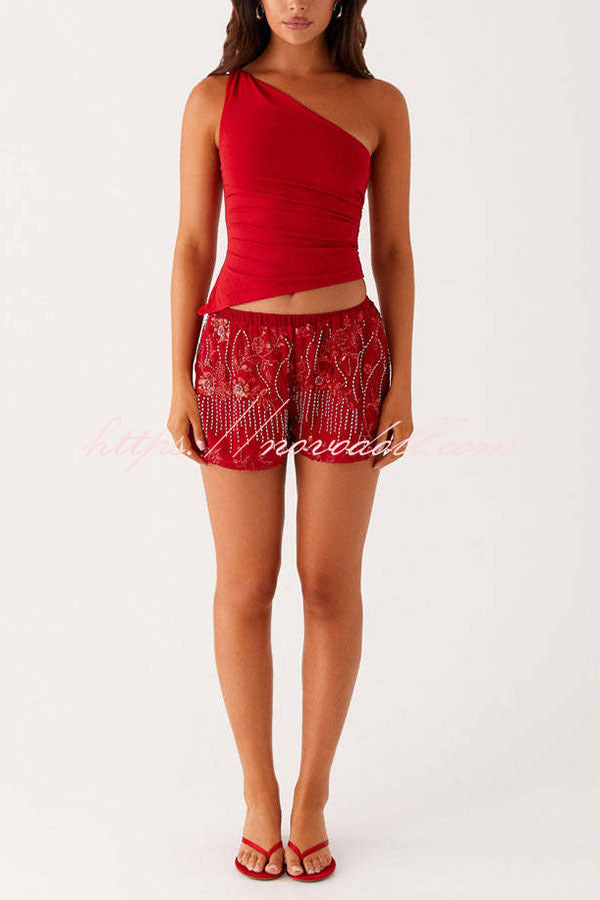 Dazzling Sequin Beaded Material Low Rise Elastic Waist Loose Shorts