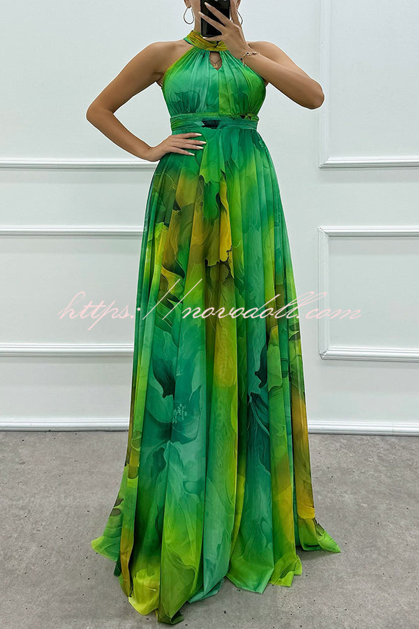 Elaine Tulle Floral Splash Print Cutout Halter Tie-up Neck Gown Maxi Dress