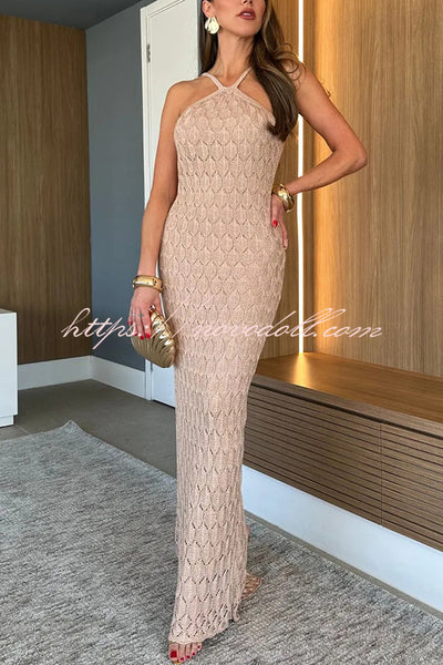 Solid Color Knitted Open Back Slim Slit Maxi Dress