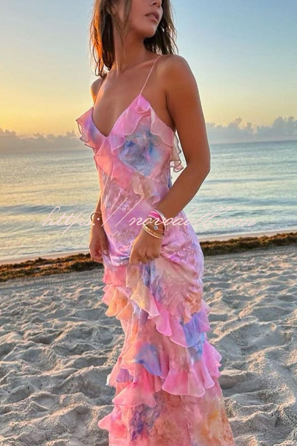 Multicolor Tie-dye Sexy Backless Wave-hem Strap Maxi Dress