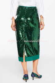 Shimmer Scene Sequin Patchwork Hem High Rise Slit Pencil Midi Skirt
