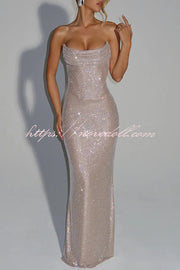 Mirabella Sequin Pleated Cowl Scooped Neckline Back Lace-up Strapless Maxi Dress