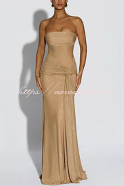 Paula Sequined Mesh and Jersey Off Shoulder Ruched Knot Drape Shawl Maxi Dress