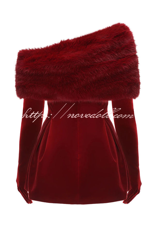 Stylish Velvet Off-shoulder Fitted Mini Dress and Fluffy Shawl, Velvet Gloves Three-piece Set