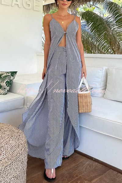 Striped Print Sleeveless Long Casual Top and Loose Straight Pants Set