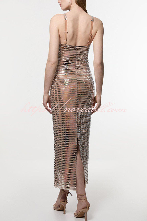 Dazzling Entrance Premium Crystal Embellished Jersey Slit Midi Dress