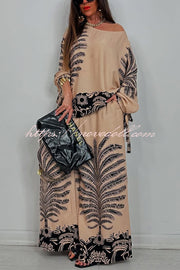 Unique Print Loose Drawstring Long Sleeve Top and Elastic Waist Casual Pocket Wide Leg Pants Set