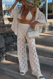Holiday Crochet Flowers Lace Short Sleeve Shirt and Elastic Waist Wide Leg Pants Set