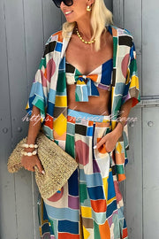 Summer Colors Printed Kimono + Knotted Tank + Elastic Waist Pocket Three-pieces Pants Set