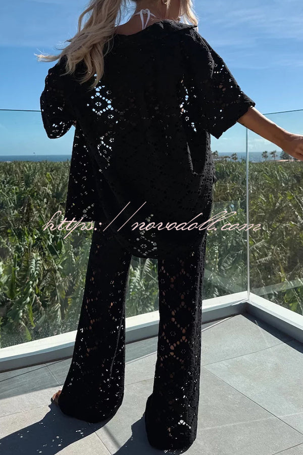 Holiday Crochet Flowers Lace Short Sleeve Shirt and Elastic Waist Wide Leg Pants Set