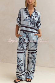 Fashionable Plant Print Loose Lapel Short Sleeve Shirt and Casual Elastic Waist Pocket Pants Set