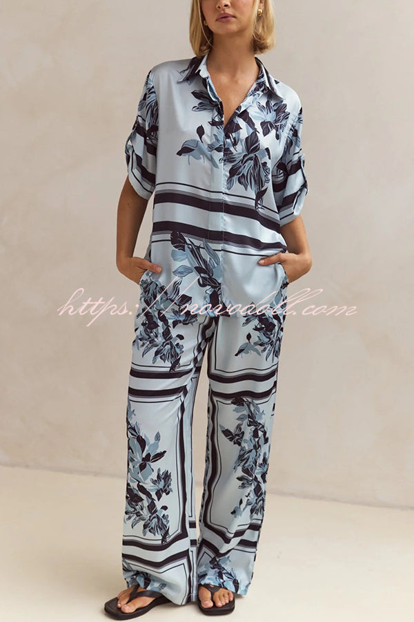 Fashionable Plant Print Loose Lapel Short Sleeve Shirt and Casual Elastic Waist Pocket Pants Set