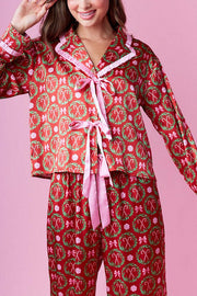 Christmas Print Long-sleeved Tie-waist Loose Top and Elastic Waist Pocket Casual Wide-leg Pants Set