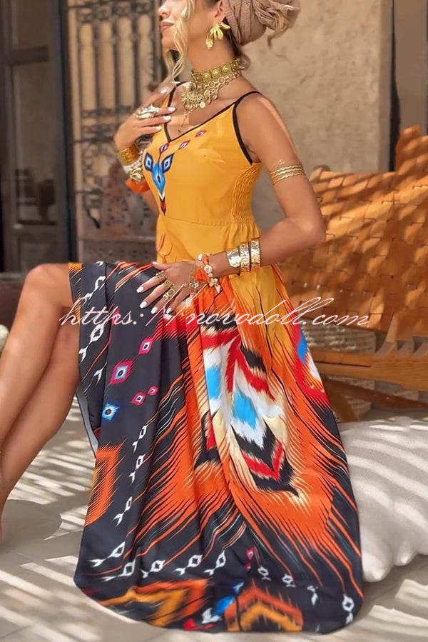 Unique Printed Suspender V-neck Loose Maxi Dress