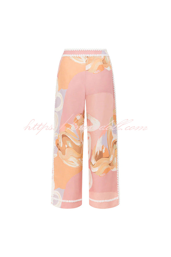 European Summer Linen Blend Ric Rac Trims High Rise Pocket Loose Pants